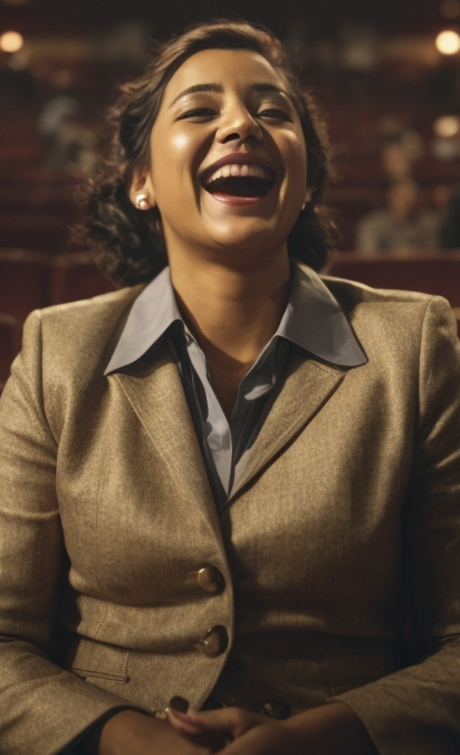 Audience member/journalist Alexa N. Hayes laughs hysterically as David Sterling bounces up from his fall.