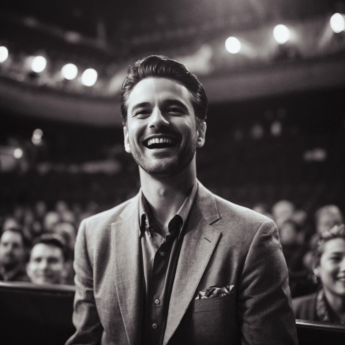 David Sterling sits in the orchestra pit after his comedic fall.