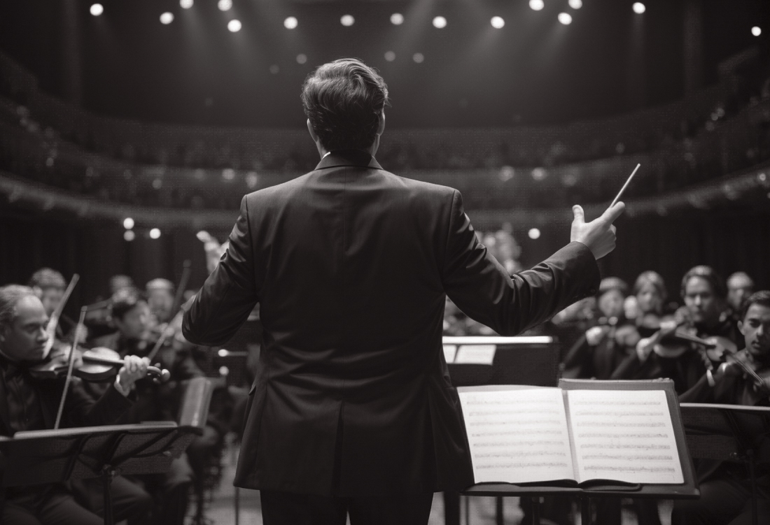 Stand-in David Sterling grabs the baton and conducts the the orchestra. The audience goes wild! 
