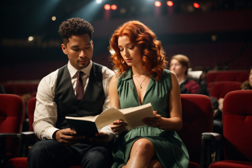 Two actors study their lines.